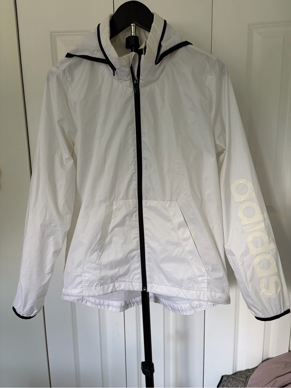 adidas White Hooded Windbreaker with Black Trim